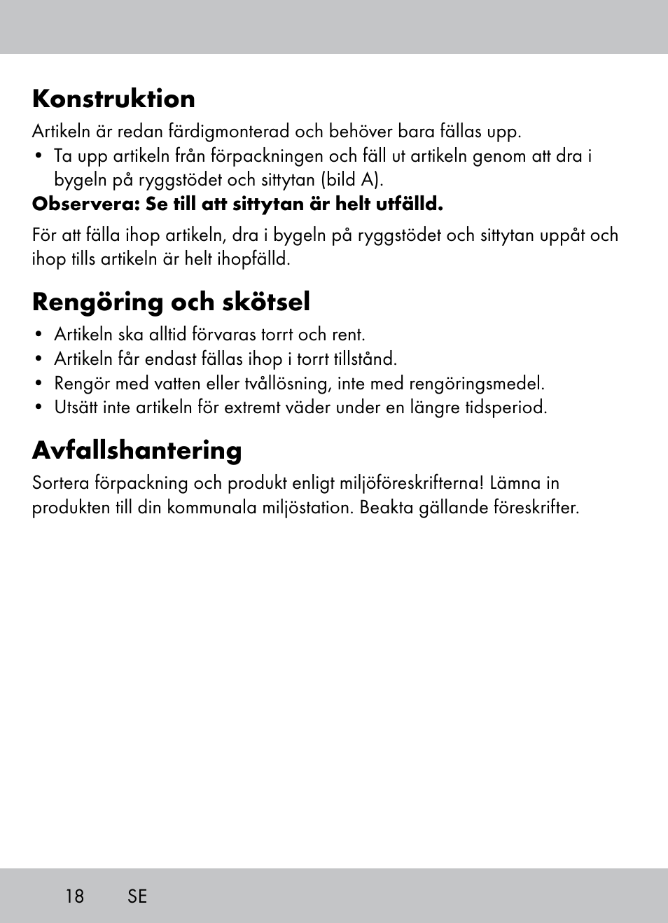 Konstruktion, Rengöring och skötsel, Avfallshantering | Crivit Beach Chair User Manual | Page 16 / 36