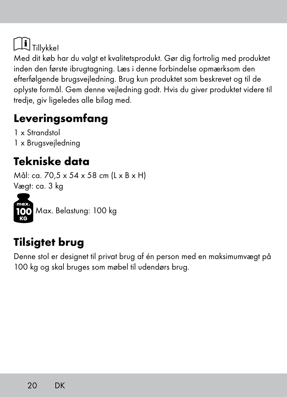 Leveringsomfang, Tekniske data, Tilsigtet brug | Crivit Beach Chair User Manual | Page 18 / 36