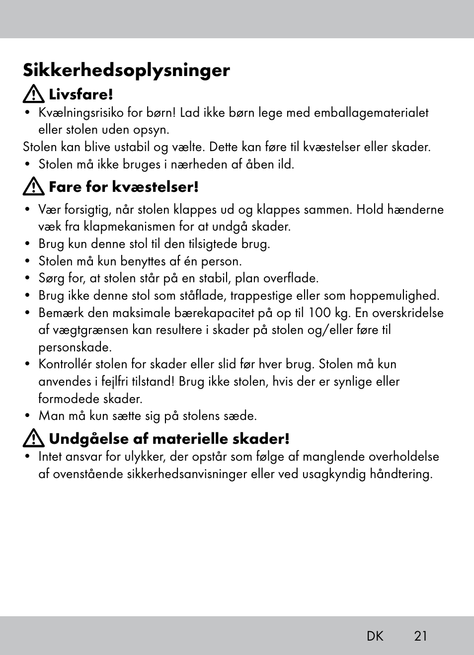 Sikkerhedsoplysninger | Crivit Beach Chair User Manual | Page 19 / 36