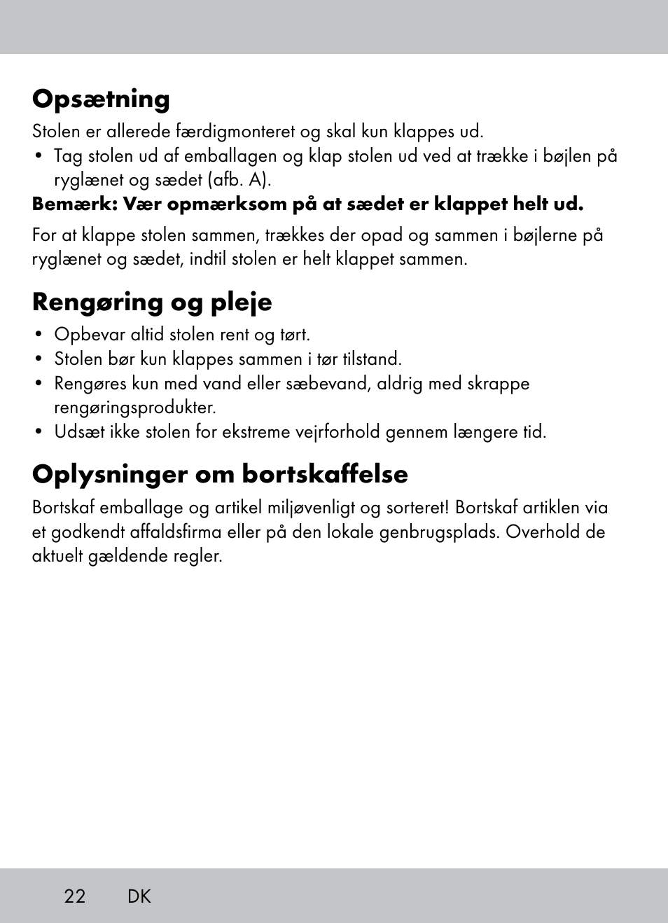 Opsætning, Rengøring og pleje, Oplysninger om bortskaffelse | Crivit Beach Chair User Manual | Page 20 / 36