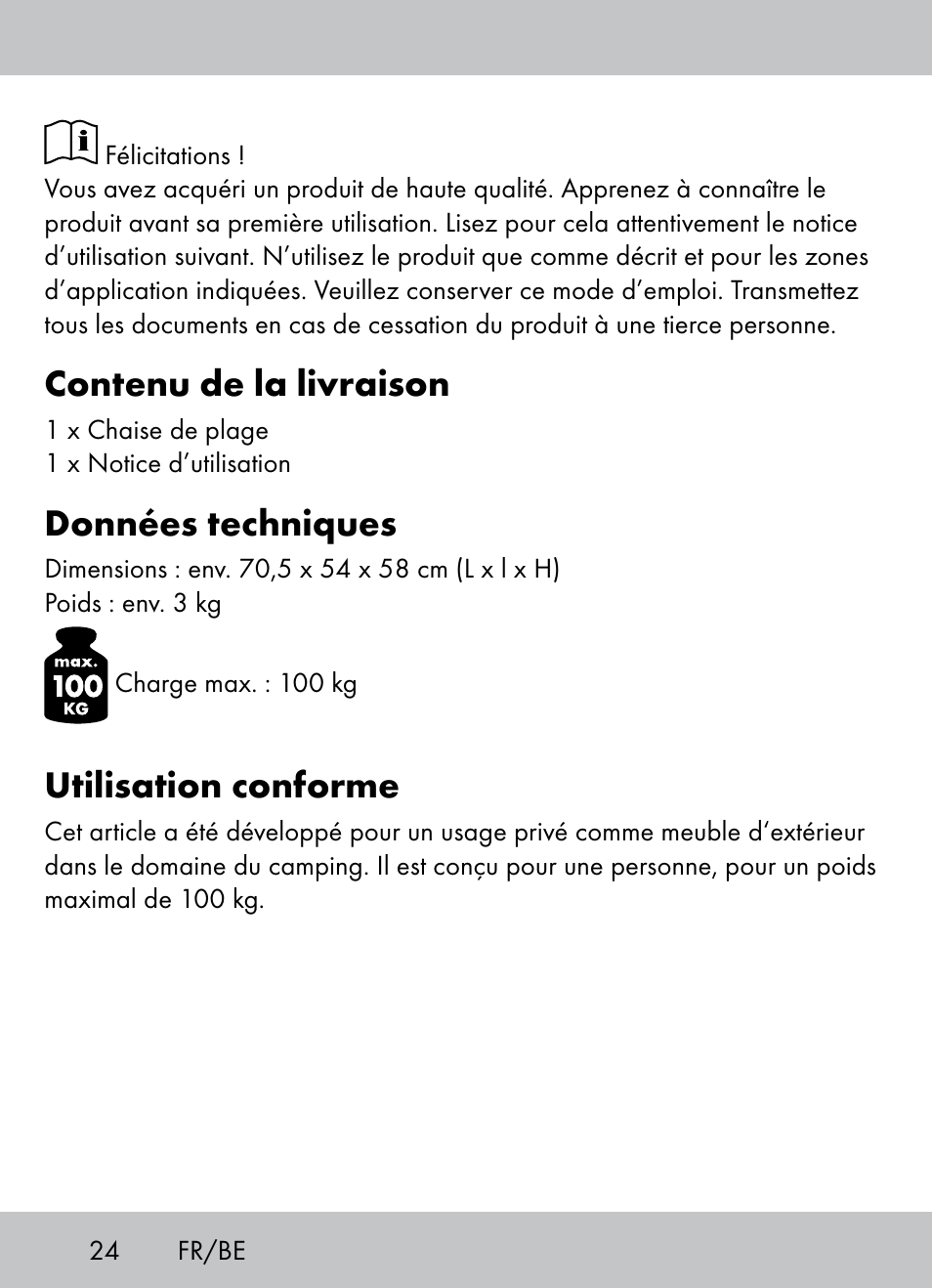 Contenu de la livraison, Données techniques, Utilisation conforme | Crivit Beach Chair User Manual | Page 22 / 36