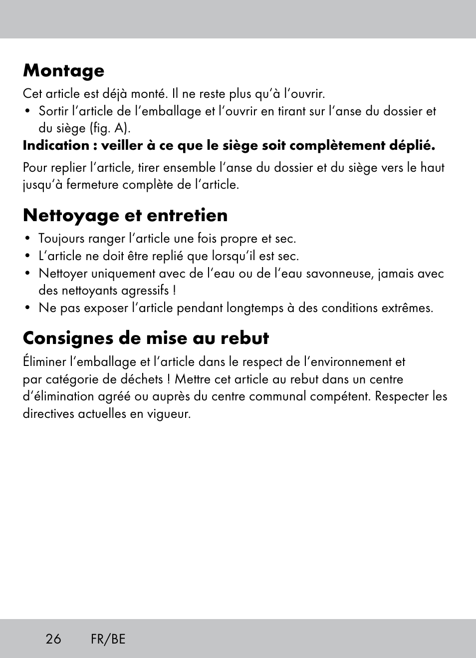Montage, Nettoyage et entretien, Consignes de mise au rebut | Crivit Beach Chair User Manual | Page 24 / 36