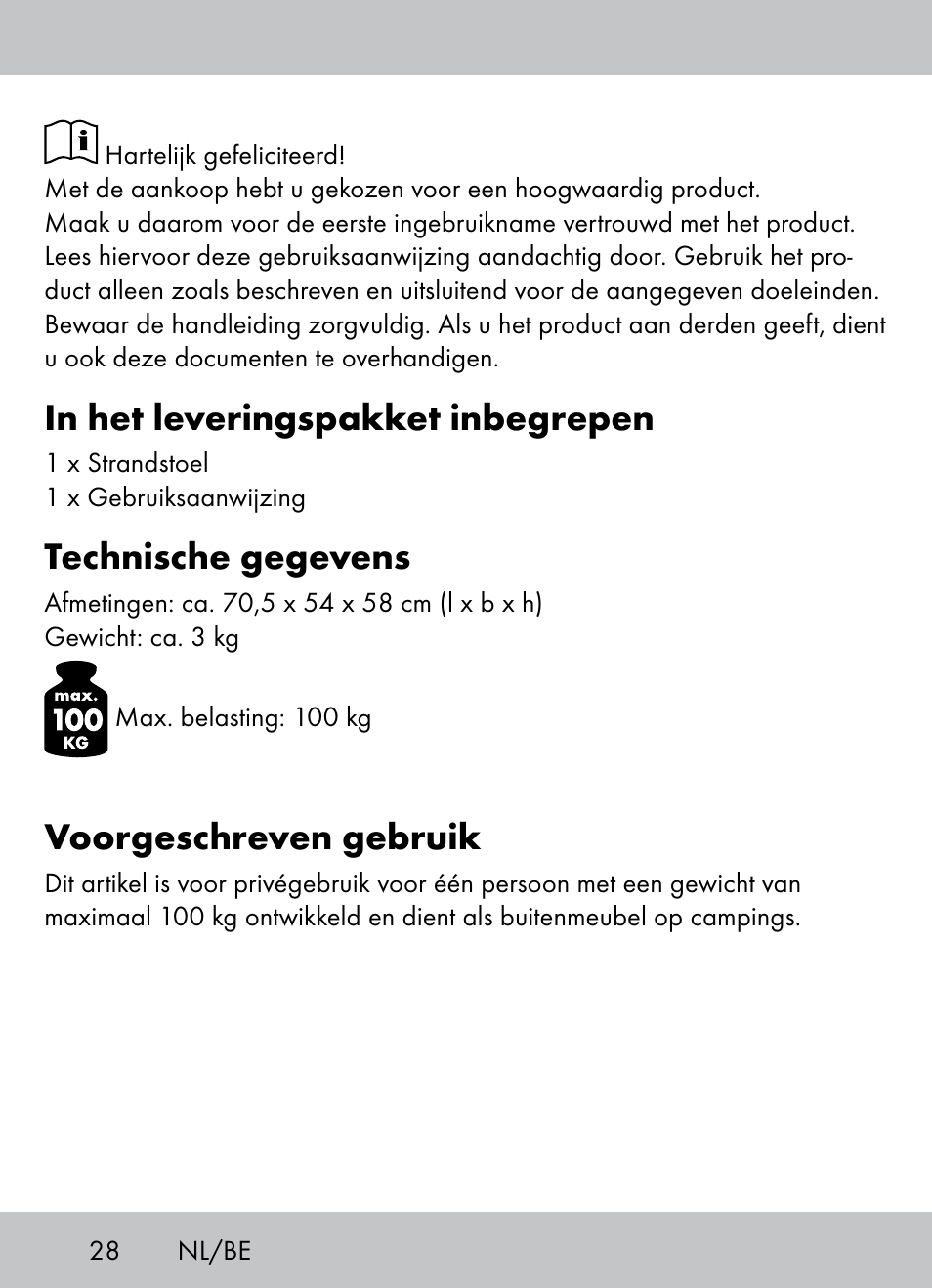 Technische gegevens, Voorgeschreven gebruik | Crivit Beach Chair User Manual | Page 26 / 36