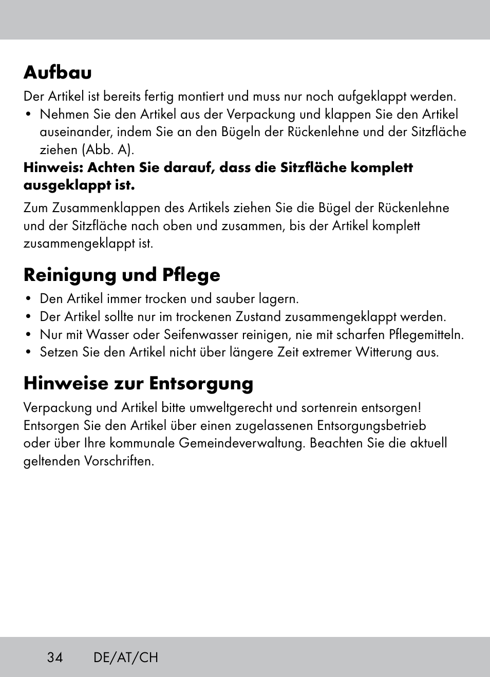 Aufbau, Reinigung und pflege, Hinweise zur entsorgung | Crivit Beach Chair User Manual | Page 32 / 36