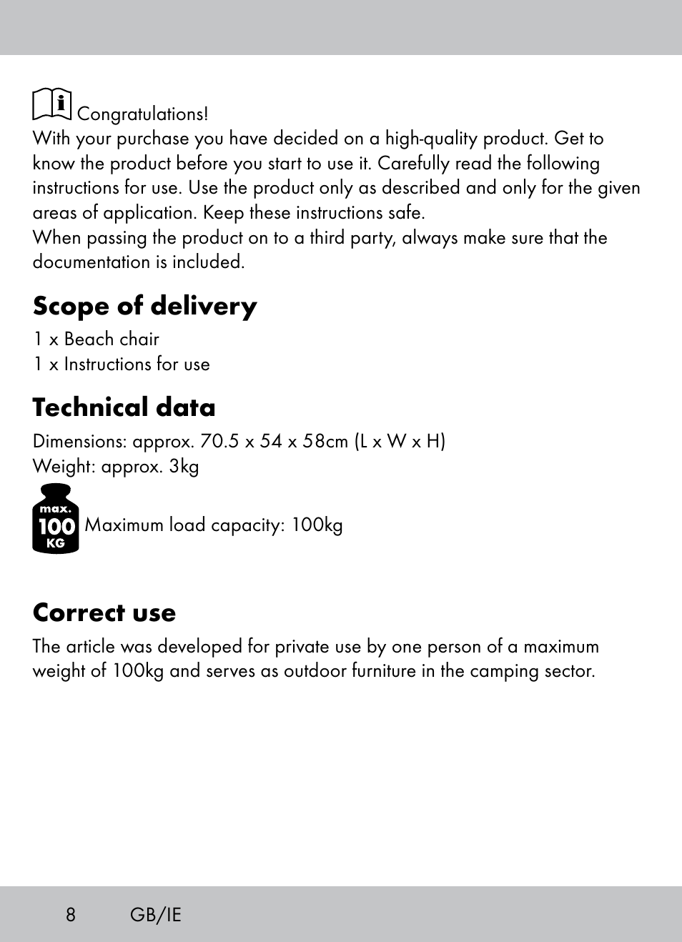 Scope of delivery, Technical data, Correct use | Crivit Beach Chair User Manual | Page 6 / 36
