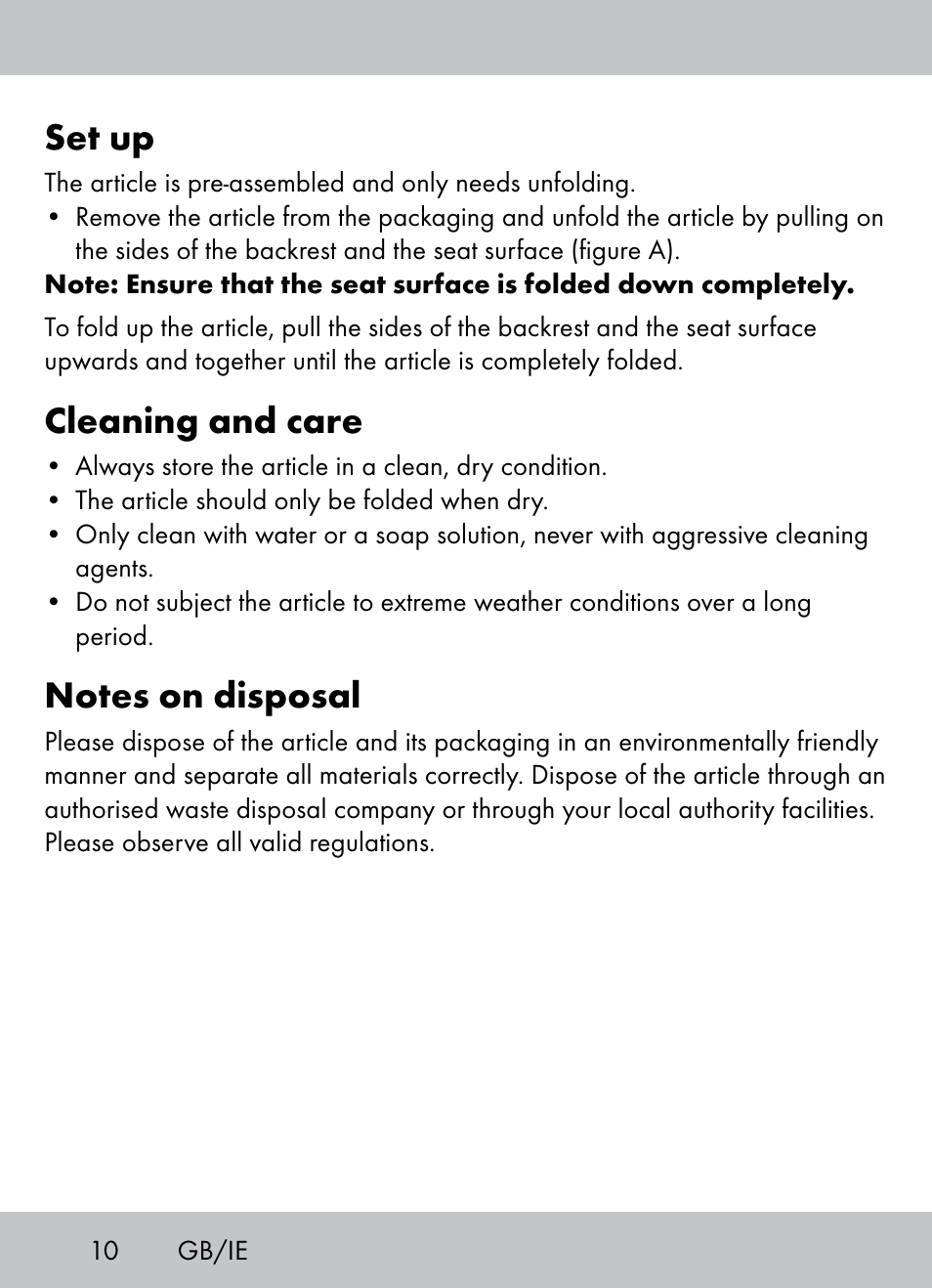 Set up, Cleaning and care | Crivit Beach Chair User Manual | Page 8 / 36