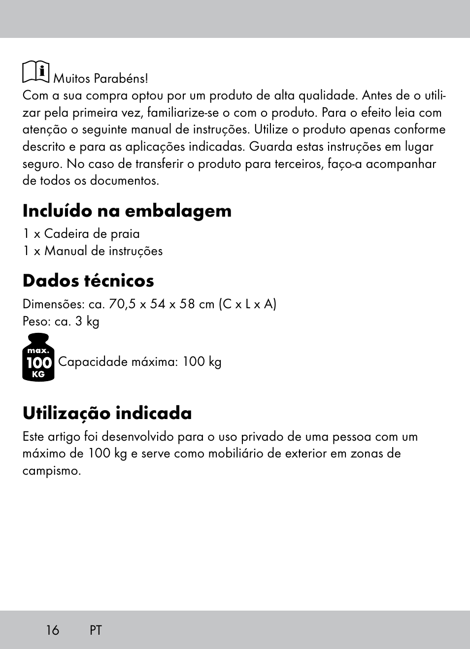 Incluído na embalagem, Dados técnicos, Utilização indicada | Crivit Beach Chair User Manual | Page 14 / 28