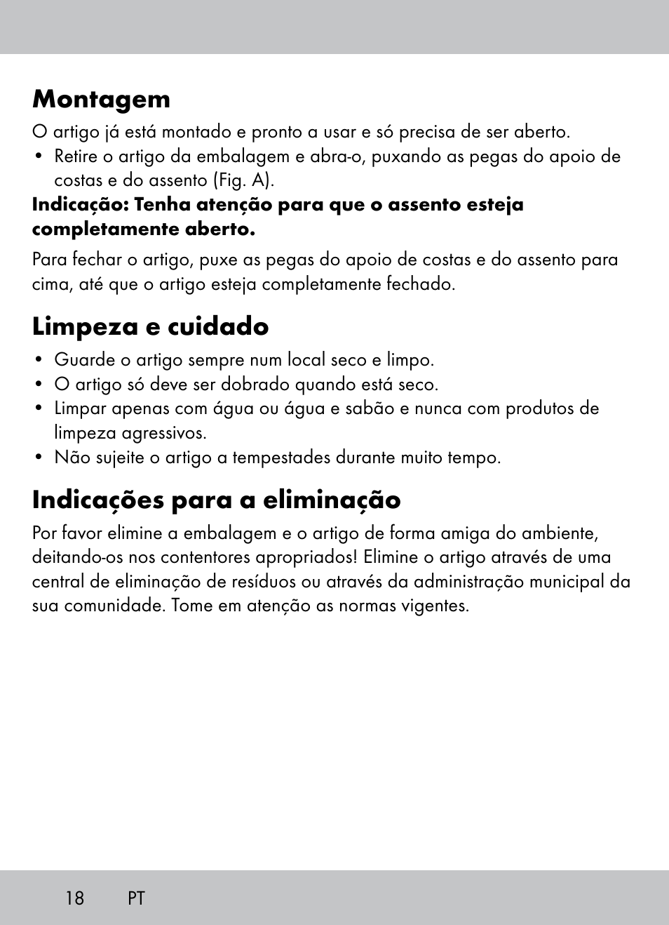 Montagem, Limpeza e cuidado, Indicações para a eliminação | Crivit Beach Chair User Manual | Page 16 / 28
