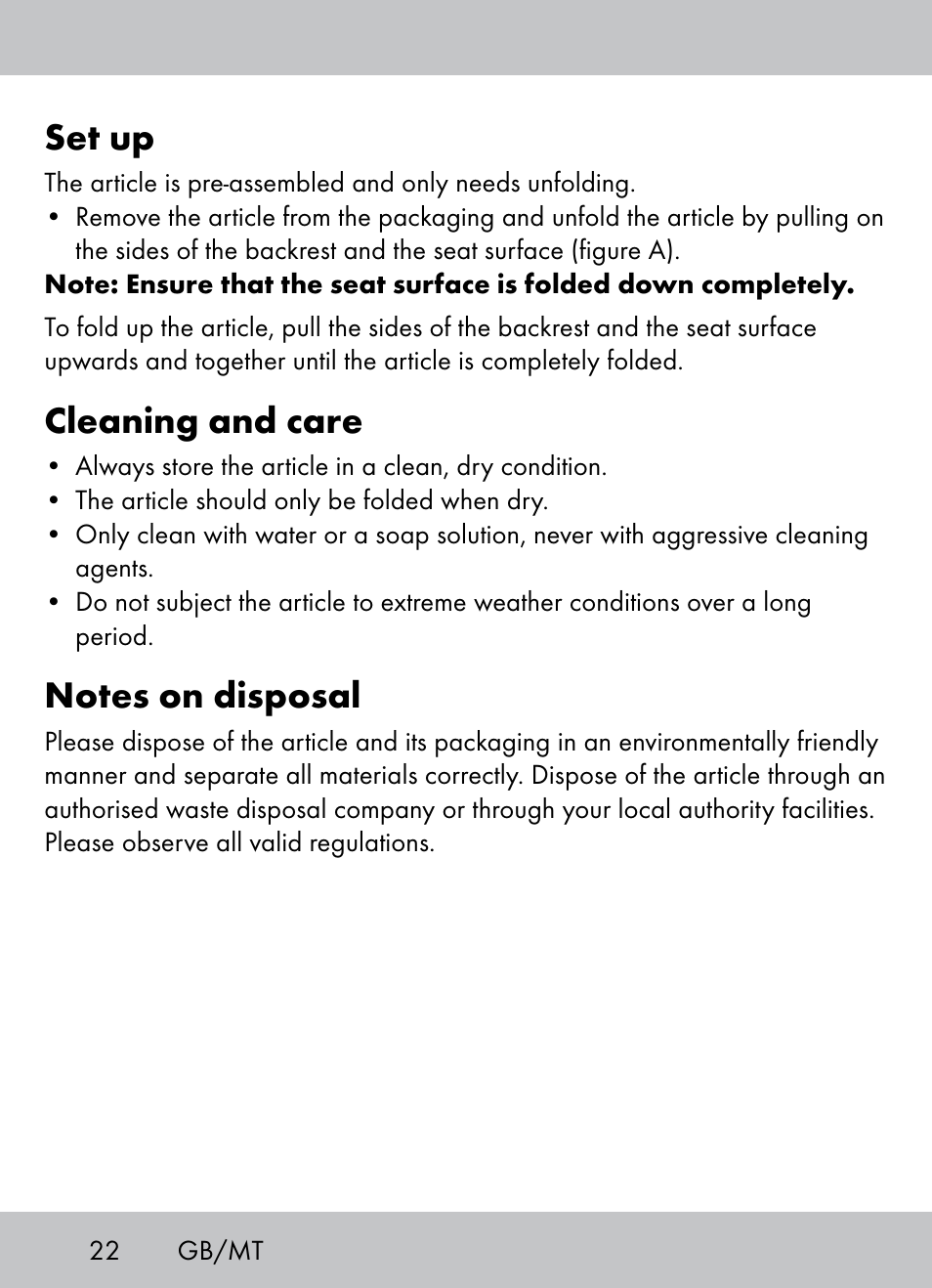 Set up, Cleaning and care | Crivit Beach Chair User Manual | Page 20 / 28