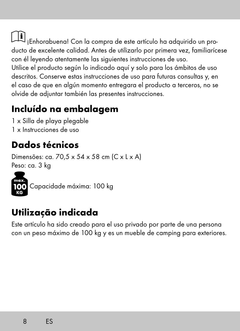 Incluído na embalagem, Dados técnicos, Utilização indicada | Crivit Beach Chair User Manual | Page 6 / 28