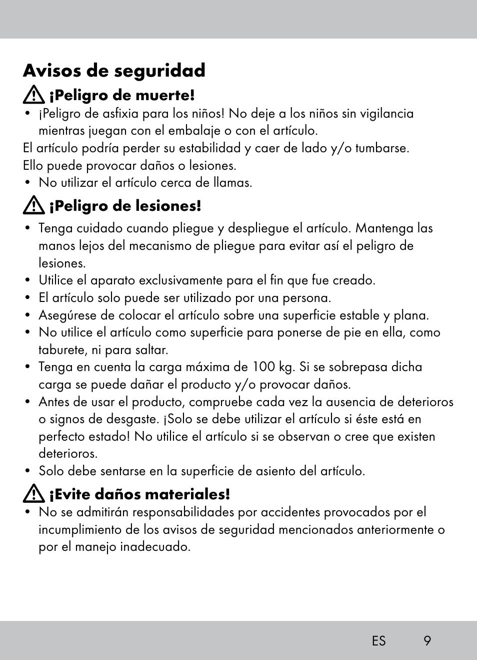 Avisos de seguridad | Crivit Beach Chair User Manual | Page 7 / 28