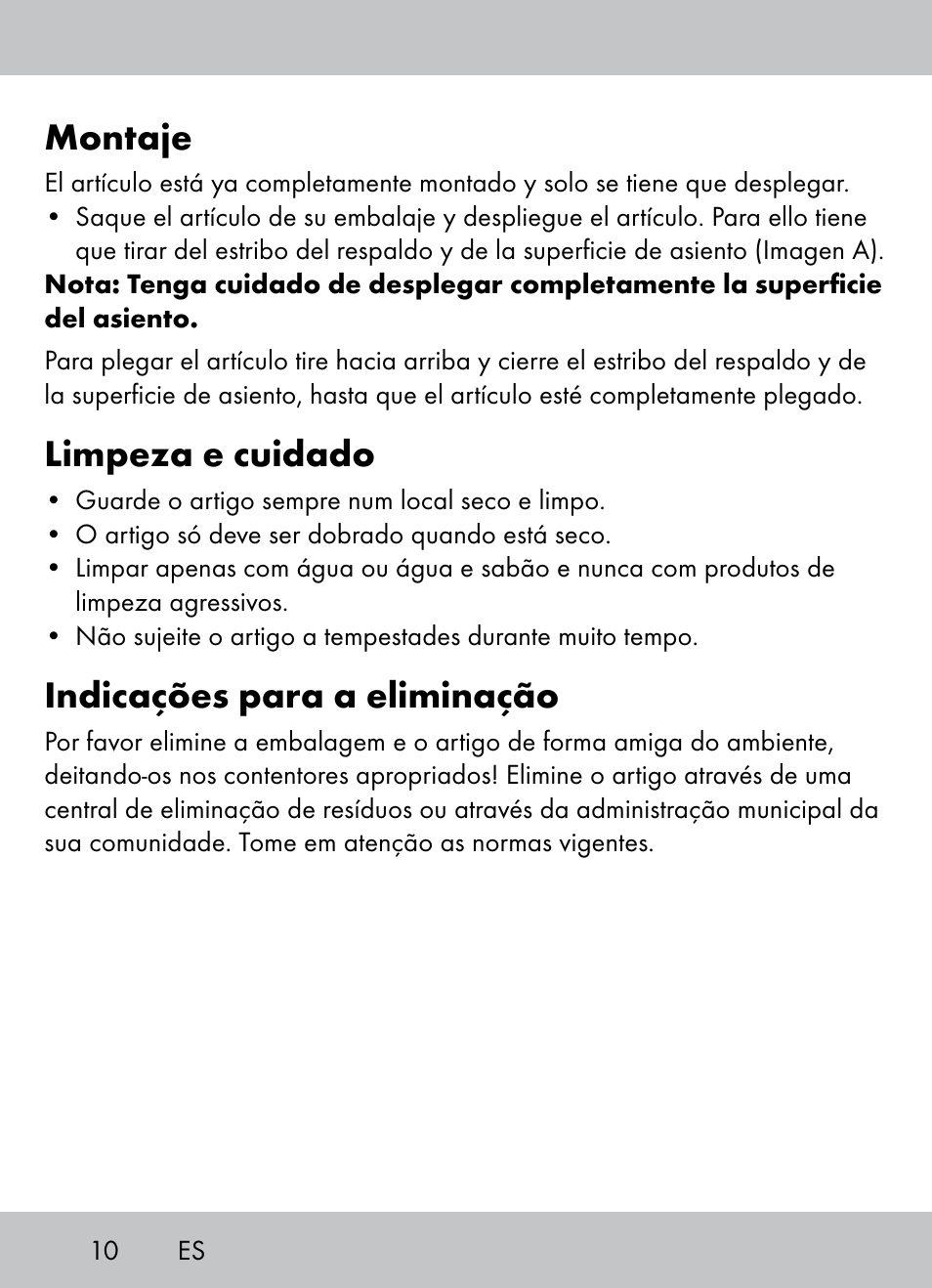 Montaje, Limpeza e cuidado, Indicações para a eliminação | Crivit Beach Chair User Manual | Page 8 / 28