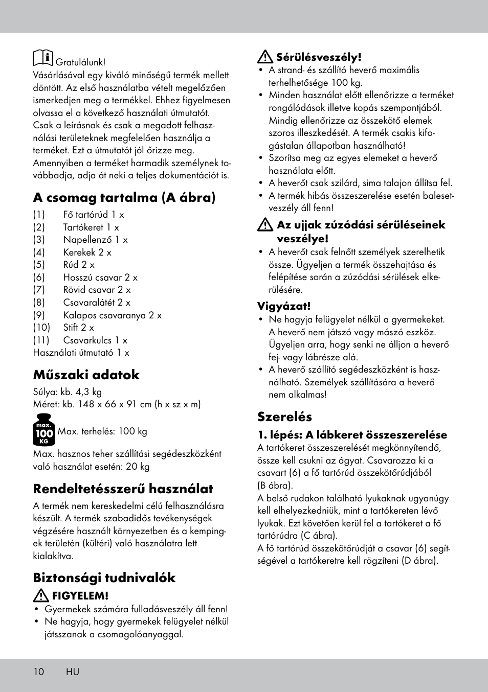 A csomag tartalma (a ábra), Műszaki adatok, Rendeltetésszerű használat | Biztonsági tudnivalók, Szerelés | Crivit SL-1836 User Manual | Page 10 / 24