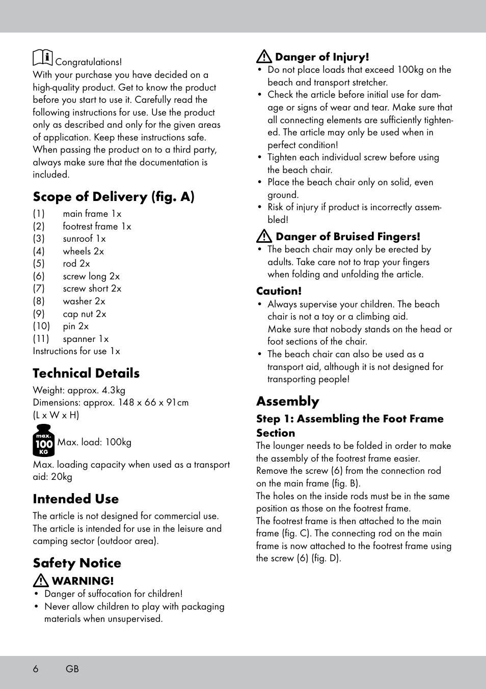 Scope of delivery (fig. a), Technical details, Intended use | Safety notice, Assembly | Crivit SL-1836 User Manual | Page 6 / 24