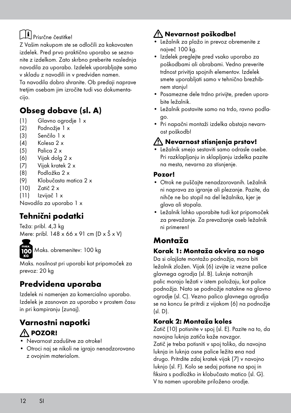 Obseg dobave (sl. a), Tehnični podatki, Predvidena uporaba | Varnostni napotki, Montaža | Crivit SL-1835 User Manual | Page 12 / 24