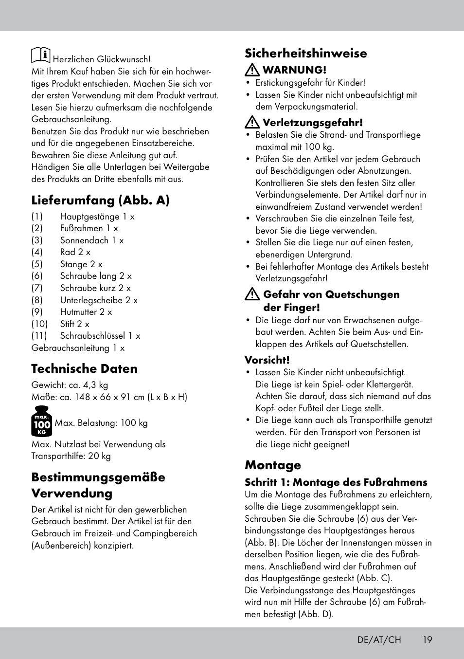 Lieferumfang (abb. a), Technische daten, Bestimmungsgemäße verwendung | Sicherheitshinweise, Montage | Crivit SL-1835 User Manual | Page 19 / 24