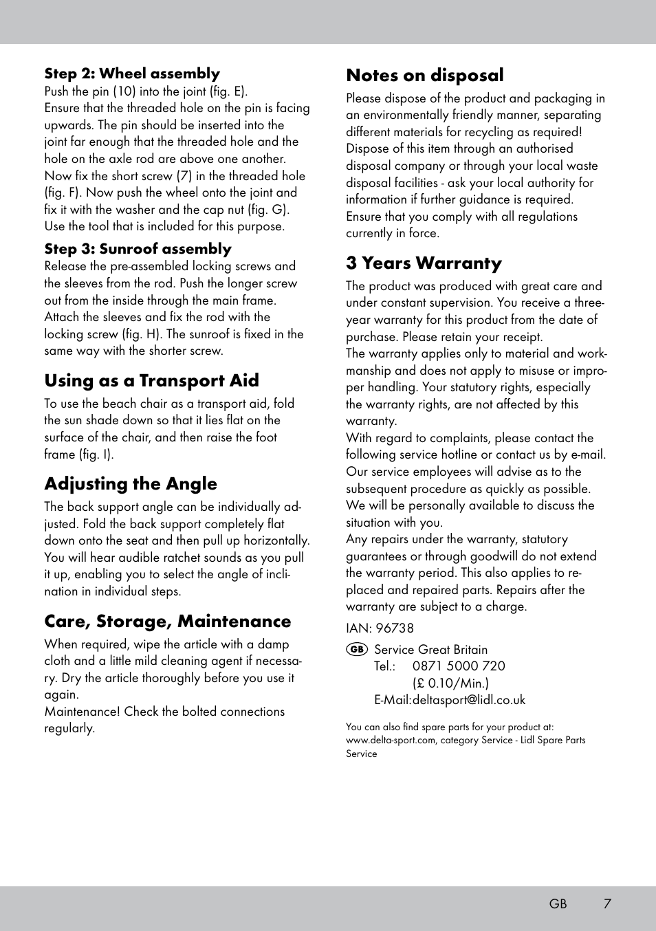 3 years warranty, Using as a transport aid, Adjusting the angle | Care, storage, maintenance | Crivit SL-1835 User Manual | Page 7 / 24