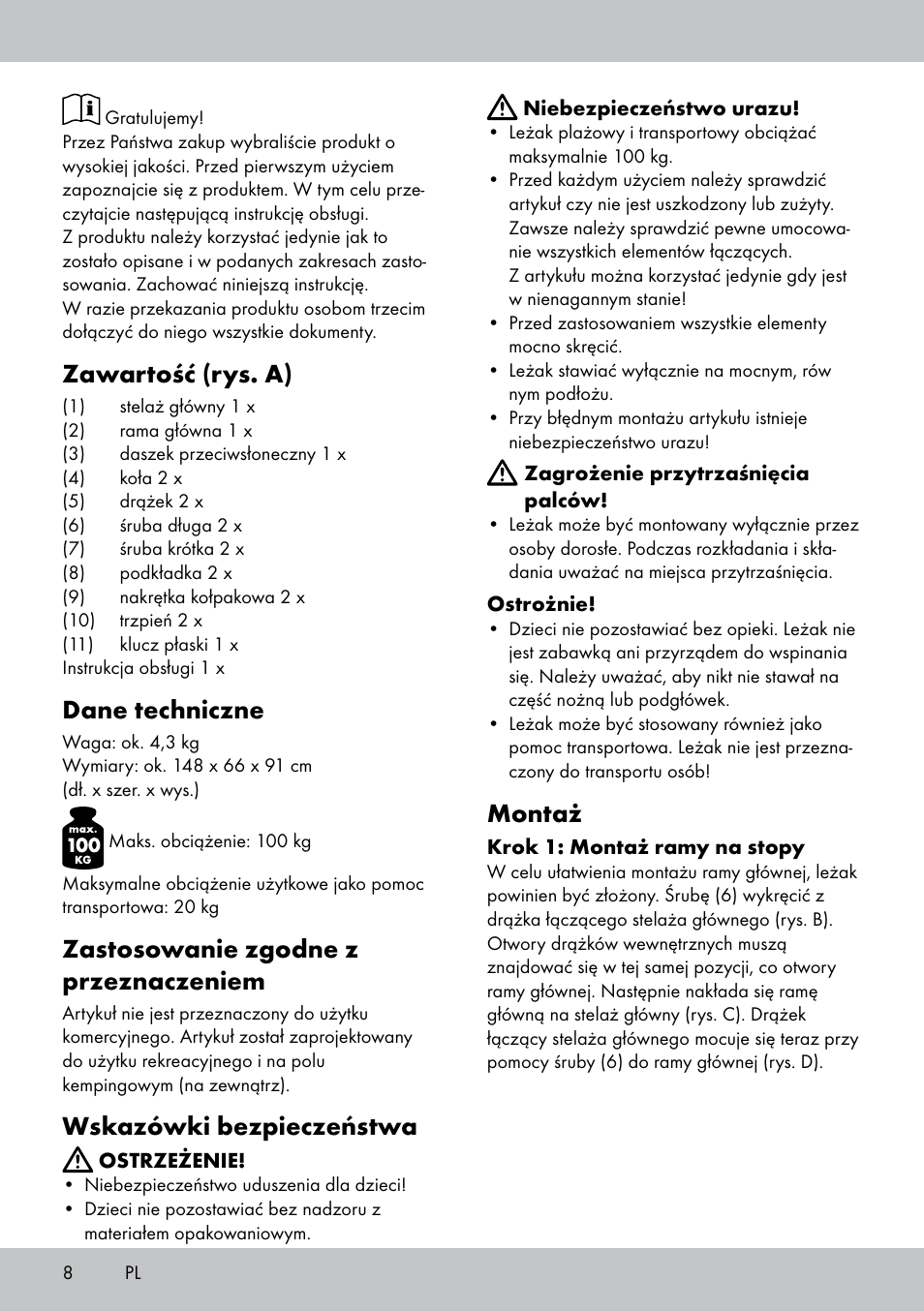 Zawartość (rys. a), Dane techniczne, Zastosowanie zgodne z przeznaczeniem | Wskazówki bezpieczeństwa, Montaż | Crivit SL-1835 User Manual | Page 8 / 24