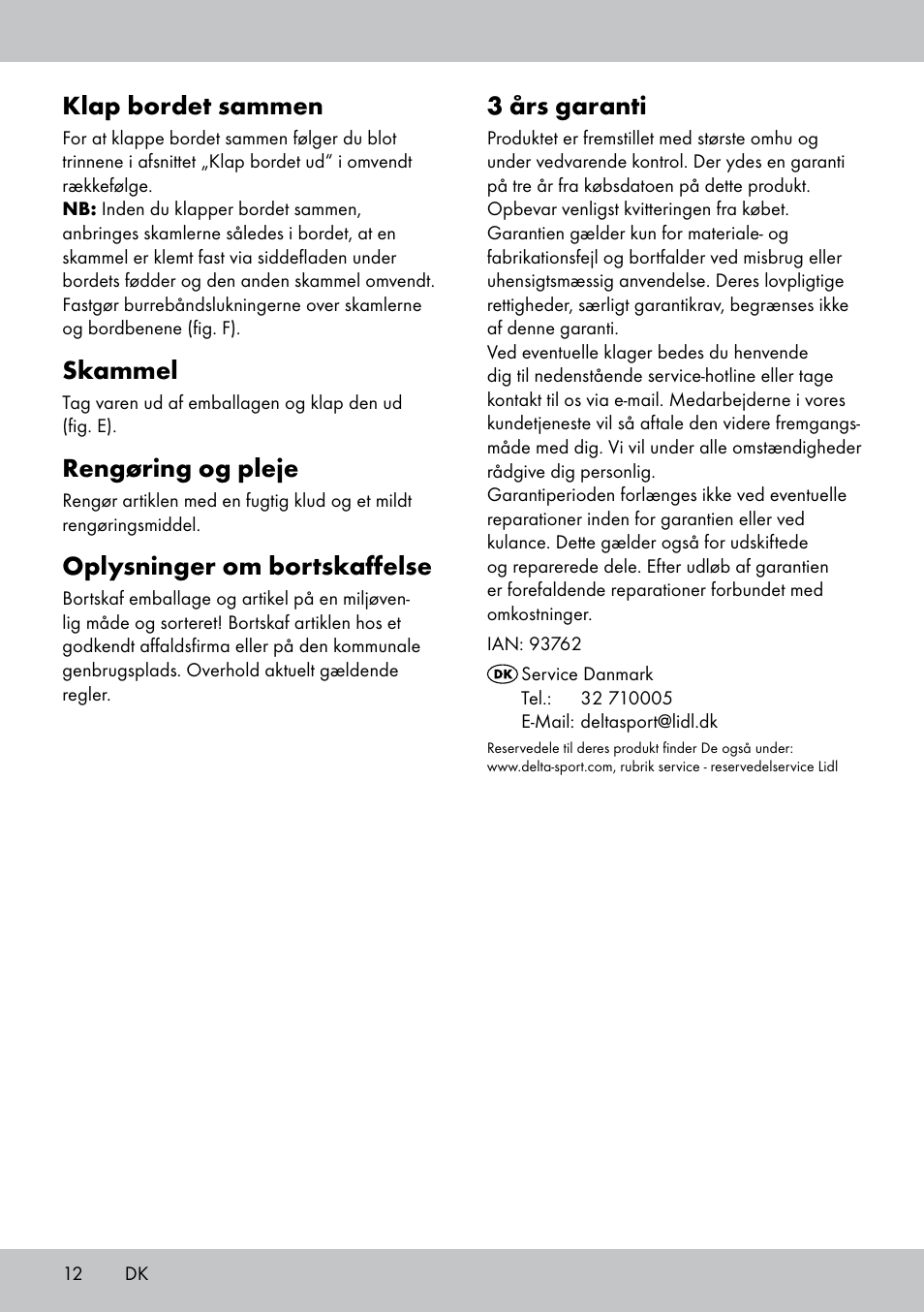 Klap bordet sammen, Skammel, Rengøring og pleje | Oplysninger om bortskaffelse, 3 års garanti | Crivit KS-1845 User Manual | Page 10 / 18