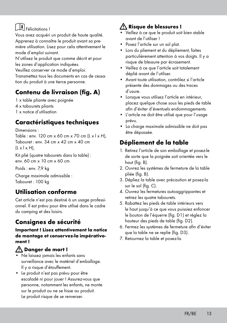 Contenu de livraison (fig. a), Caractéristiques techniques, Utilisation conforme | Consignes de sécurité, Dépliement de la table | Crivit KS-1845 User Manual | Page 11 / 18