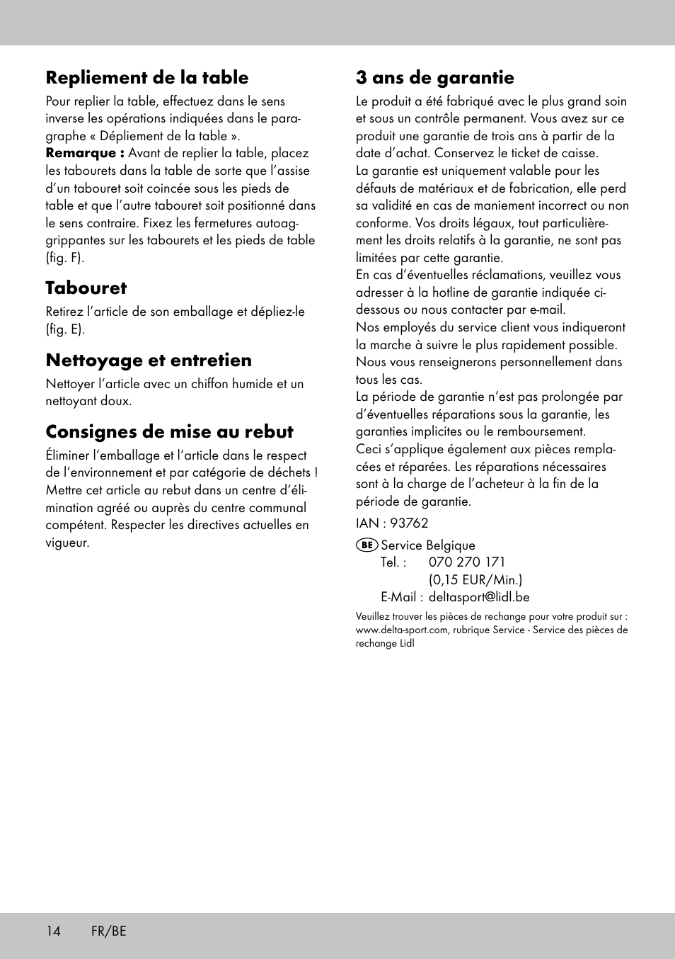 3 ans de garantie, Repliement de la table, Tabouret | Nettoyage et entretien, Consignes de mise au rebut | Crivit KS-1845 User Manual | Page 12 / 18