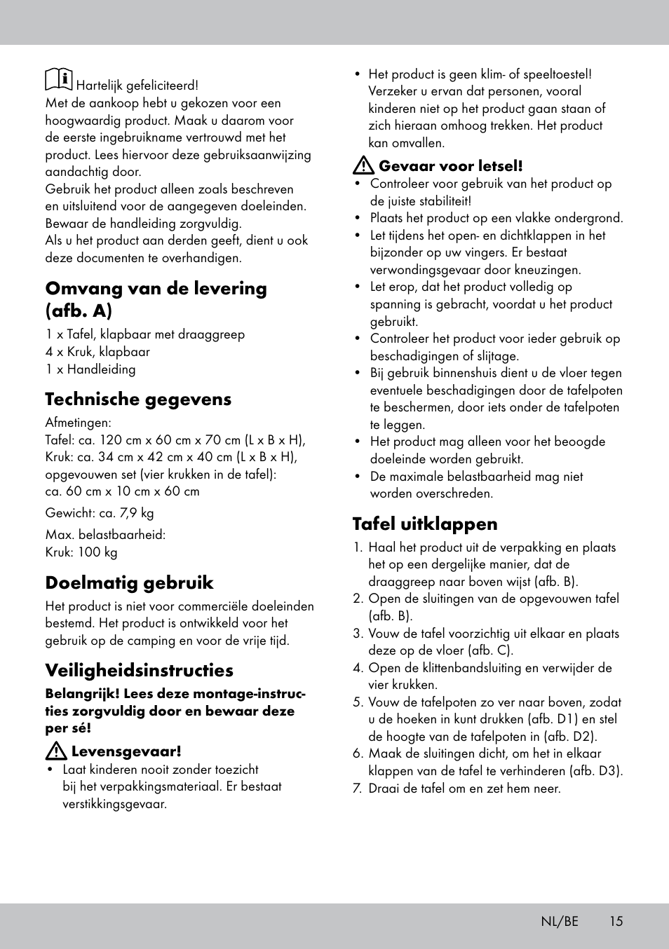 Tafel uitklappen, Omvang van de levering (afb. a), Technische gegevens | Doelmatig gebruik, Veiligheidsinstructies | Crivit KS-1845 User Manual | Page 13 / 18