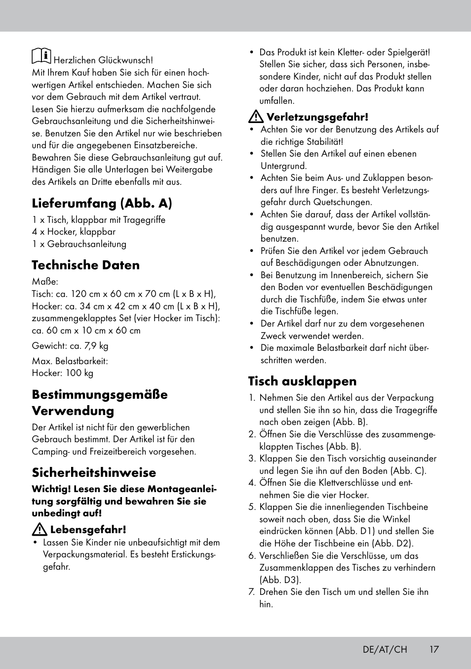 Lieferumfang (abb. a), Technische daten, Bestimmungsgemäße verwendung | Sicherheitshinweise, Tisch ausklappen | Crivit KS-1845 User Manual | Page 15 / 18