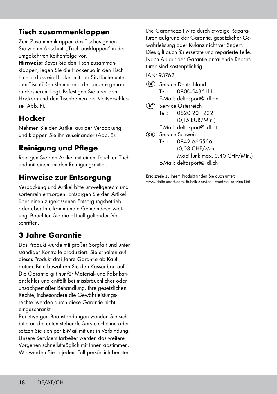 Tisch zusammenklappen, Hocker, Reinigung und pflege | Hinweise zur entsorgung, 3 jahre garantie | Crivit KS-1845 User Manual | Page 16 / 18