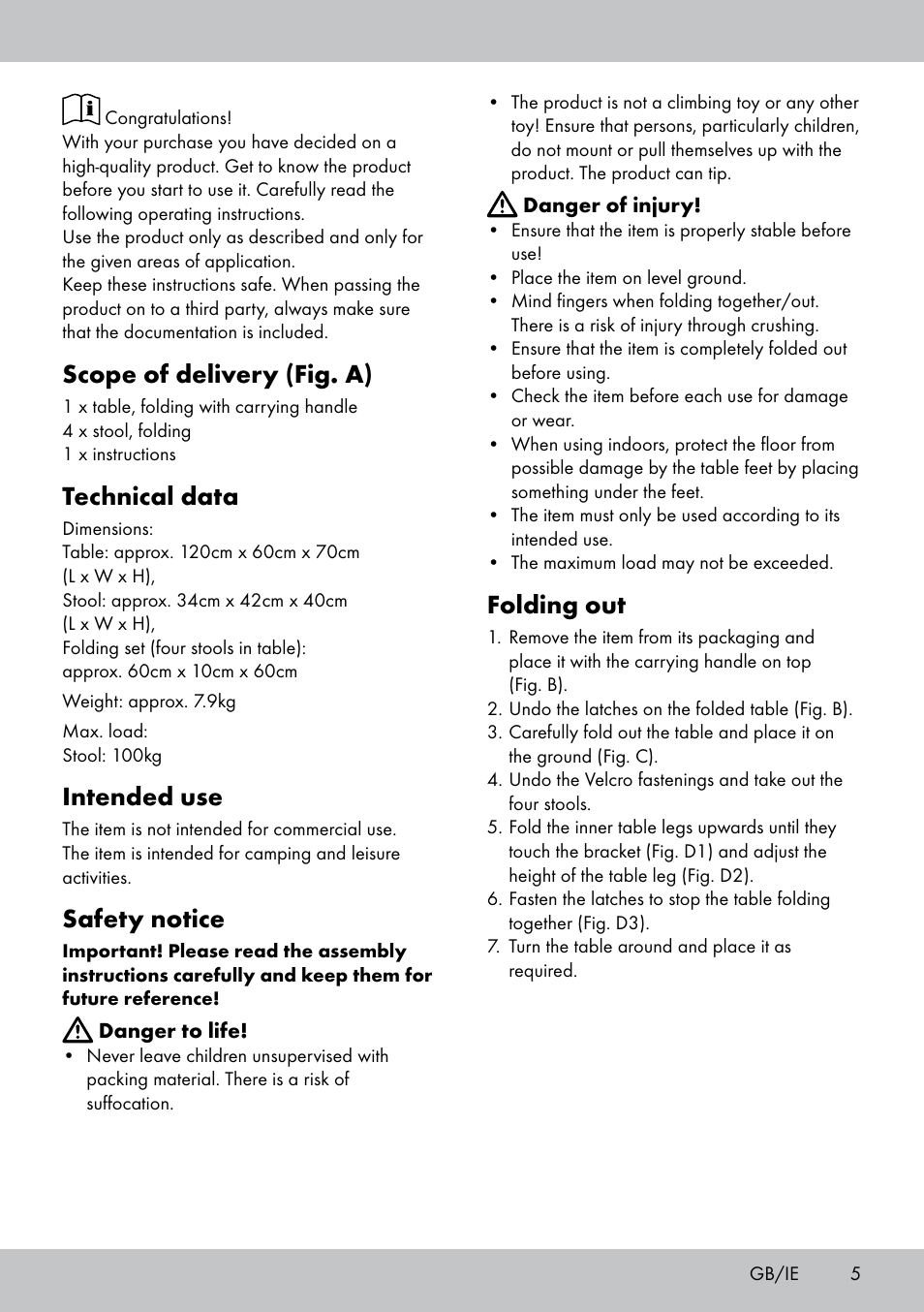93762_furniture-set_manual_inside_lb3_gb_dk_layout, Scope of delivery (fig. a), Technical data | Intended use, Safety notice, Folding out | Crivit KS-1845 User Manual | Page 3 / 18