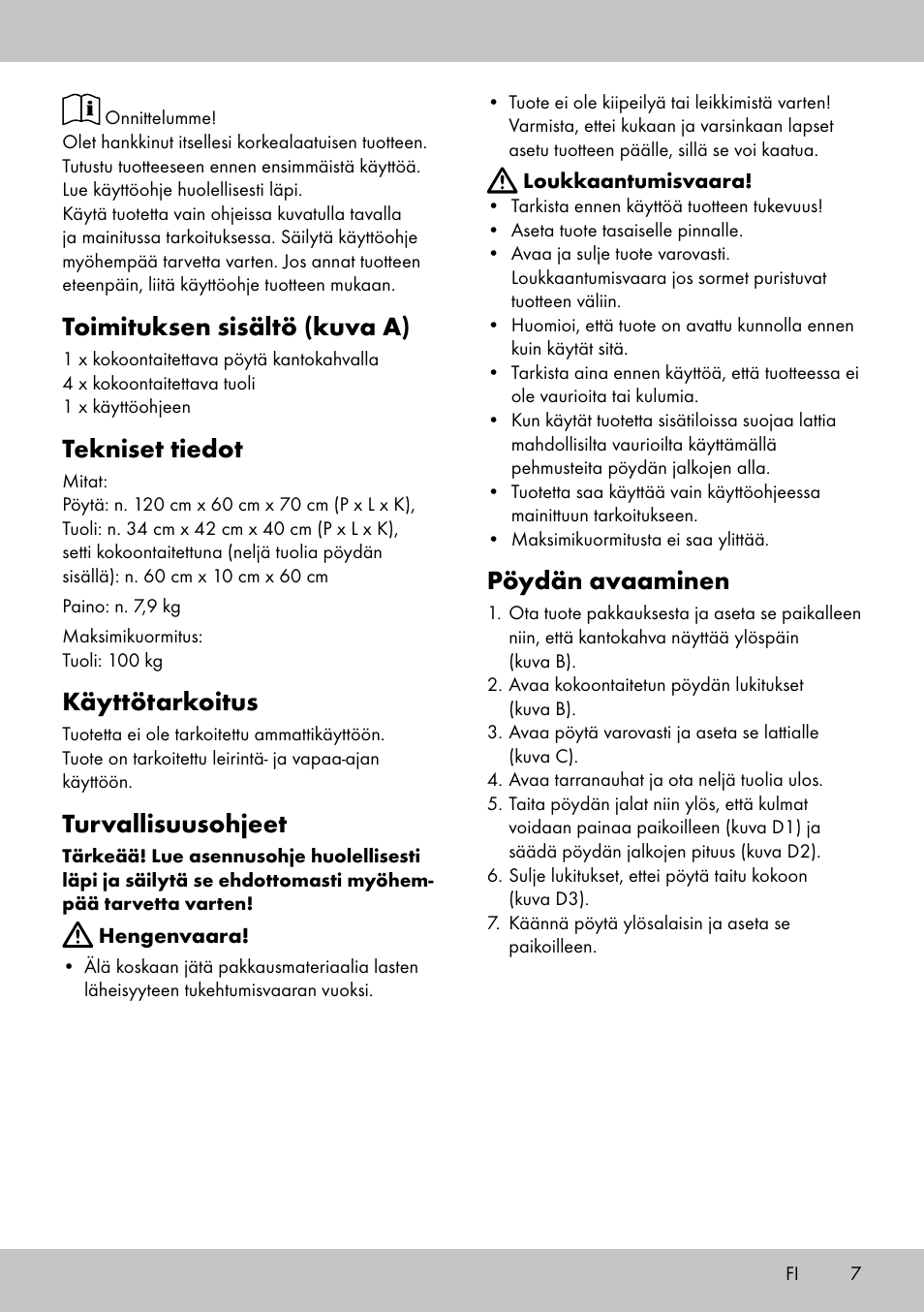 Toimituksen sisältö (kuva a), Tekniset tiedot, Käyttötarkoitus | Turvallisuusohjeet, Pöydän avaaminen | Crivit KS-1845 User Manual | Page 5 / 18