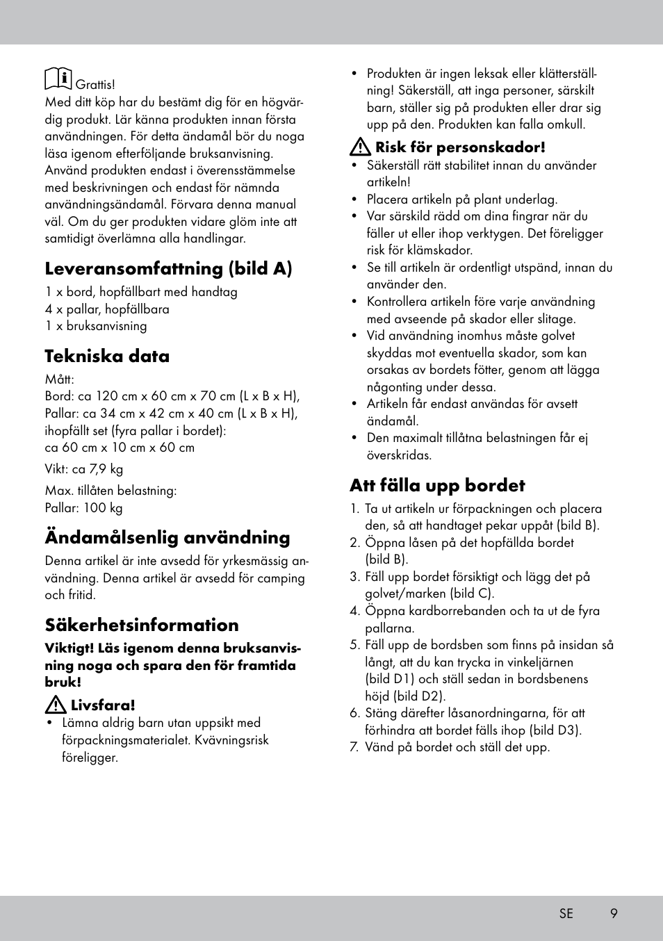 Leveransomfattning (bild a), Tekniska data, Ändamålsenlig användning | Säkerhetsinformation, Att fälla upp bordet | Crivit KS-1845 User Manual | Page 7 / 18