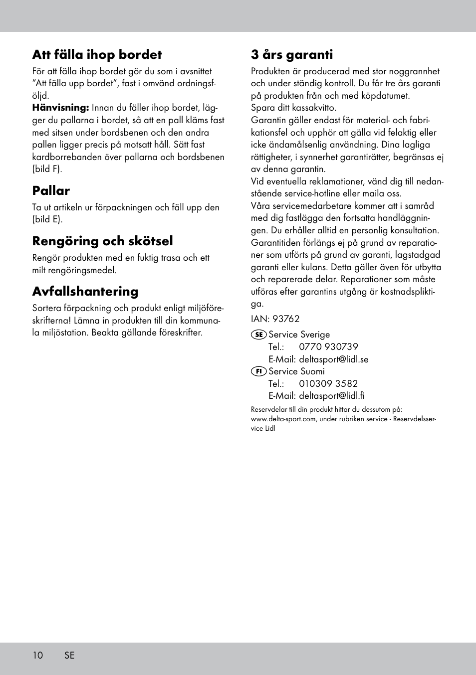 Att fälla ihop bordet, Pallar, Rengöring och skötsel | Avfallshantering, 3 års garanti | Crivit KS-1845 User Manual | Page 8 / 18
