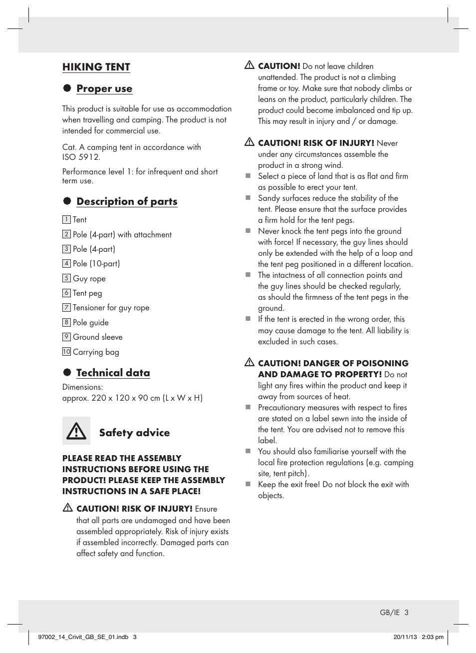 Hiking tent § proper use, Description of parts, Technical data | Safety advice | Crivit Z31979 User Manual | Page 3 / 10