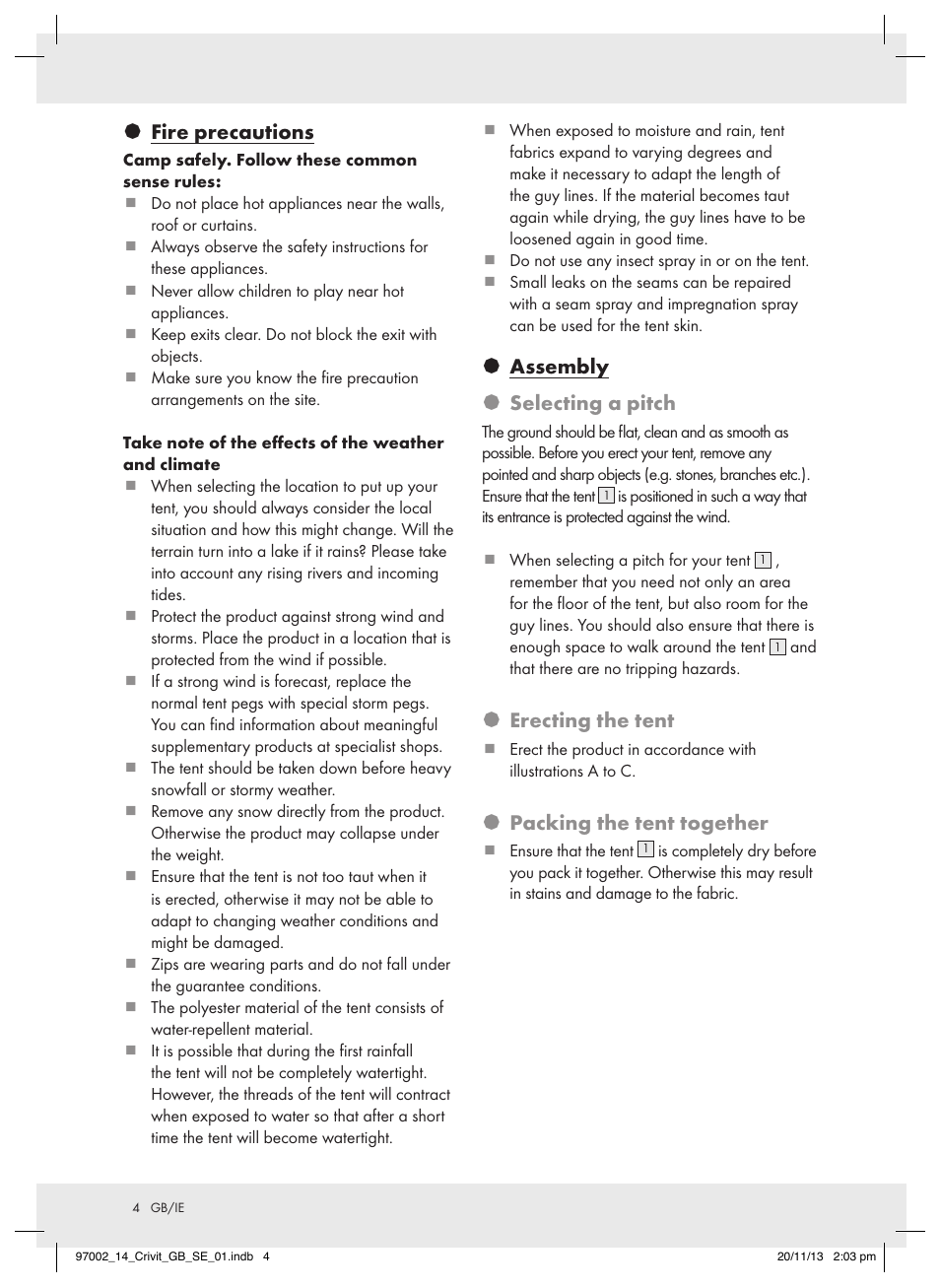 Fire precautions, Assembly § selecting a pitch, Erecting the tent | Packing the tent together | Crivit Z31979 User Manual | Page 4 / 10