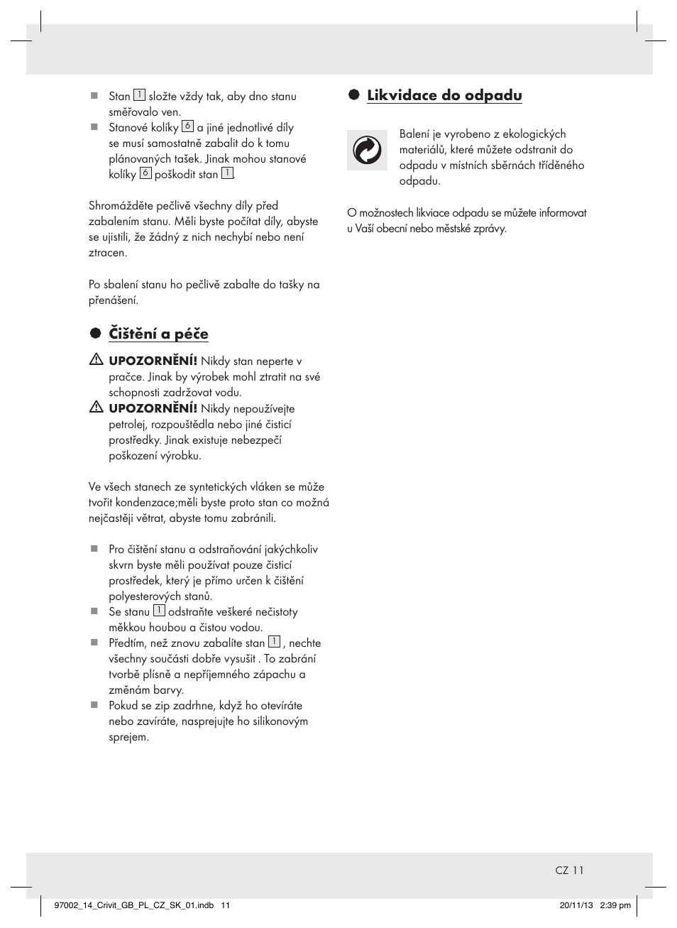 Čištění a péče m, Likvidace do odpadu | Crivit Z31979 User Manual | Page 11 / 16
