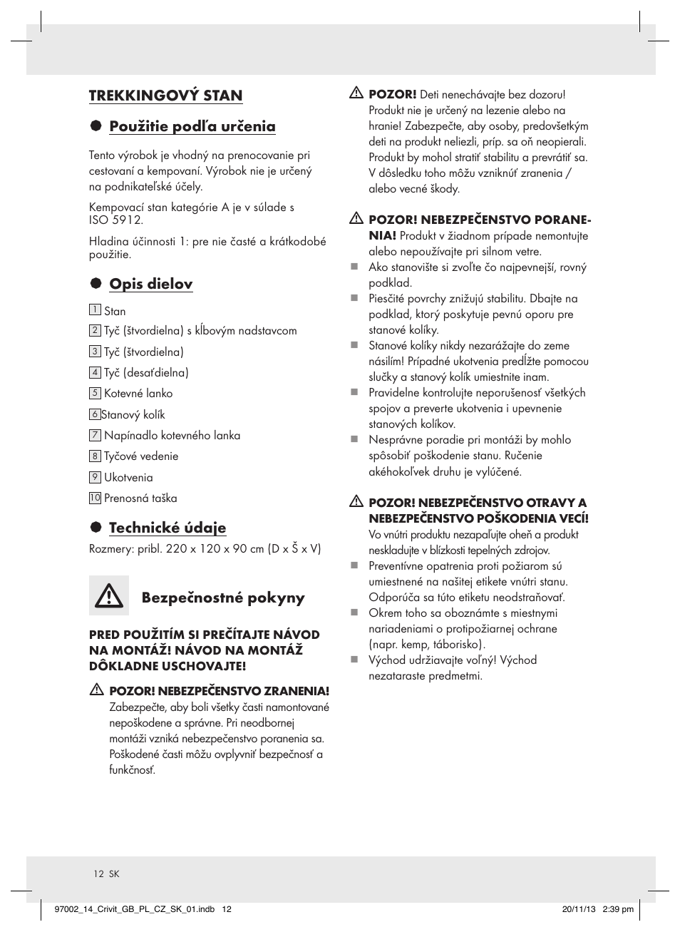 Trekkingový stan § použitie podľa určenia, Opis dielov, Technické údaje | Bezpečnostné pokyny | Crivit Z31979 User Manual | Page 12 / 16