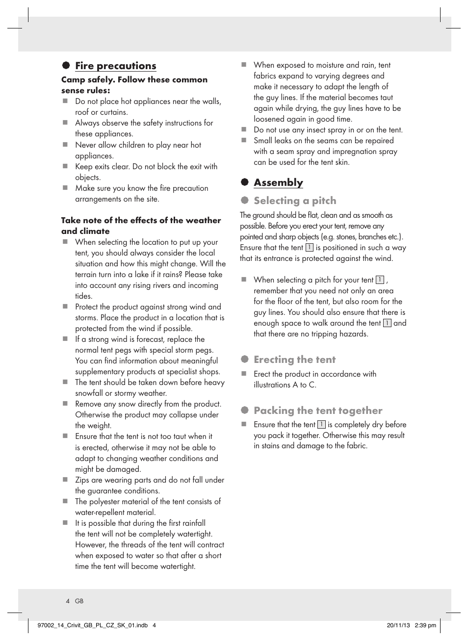 Fire precautions, Assembly § selecting a pitch, Erecting the tent | Packing the tent together | Crivit Z31979 User Manual | Page 4 / 16