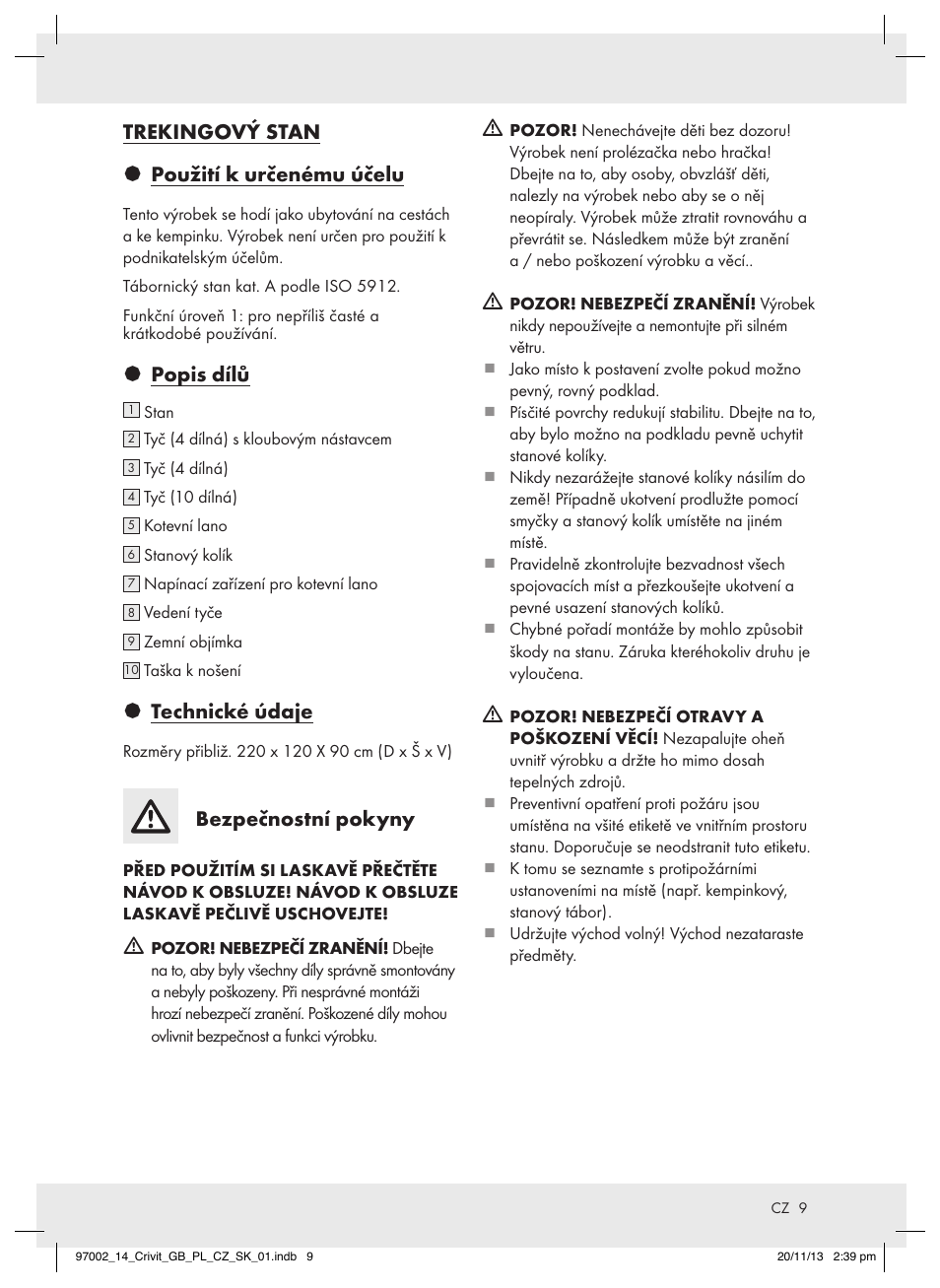 Trekingový stan § použití k určenému účelu, Popis dílů, Technické údaje | Bezpečnostní pokyny | Crivit Z31979 User Manual | Page 9 / 16