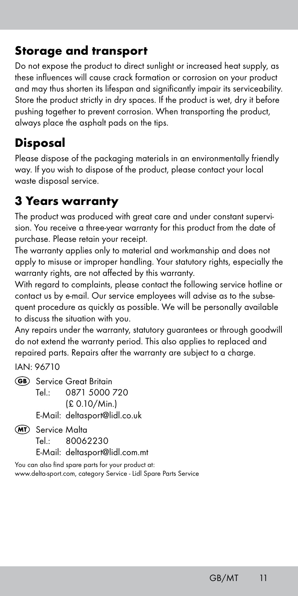 Storage and transport, Disposal, 3 years warranty | Crivit TS-1808 User Manual | Page 11 / 16