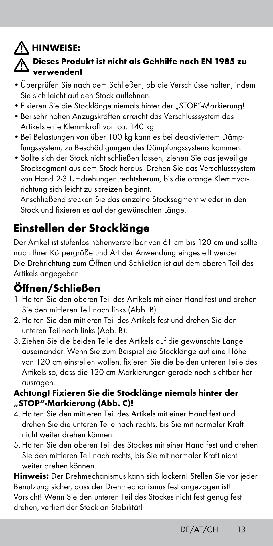 Einstellen der stocklänge, Öffnen/schließen | Crivit TS-1808 User Manual | Page 13 / 16