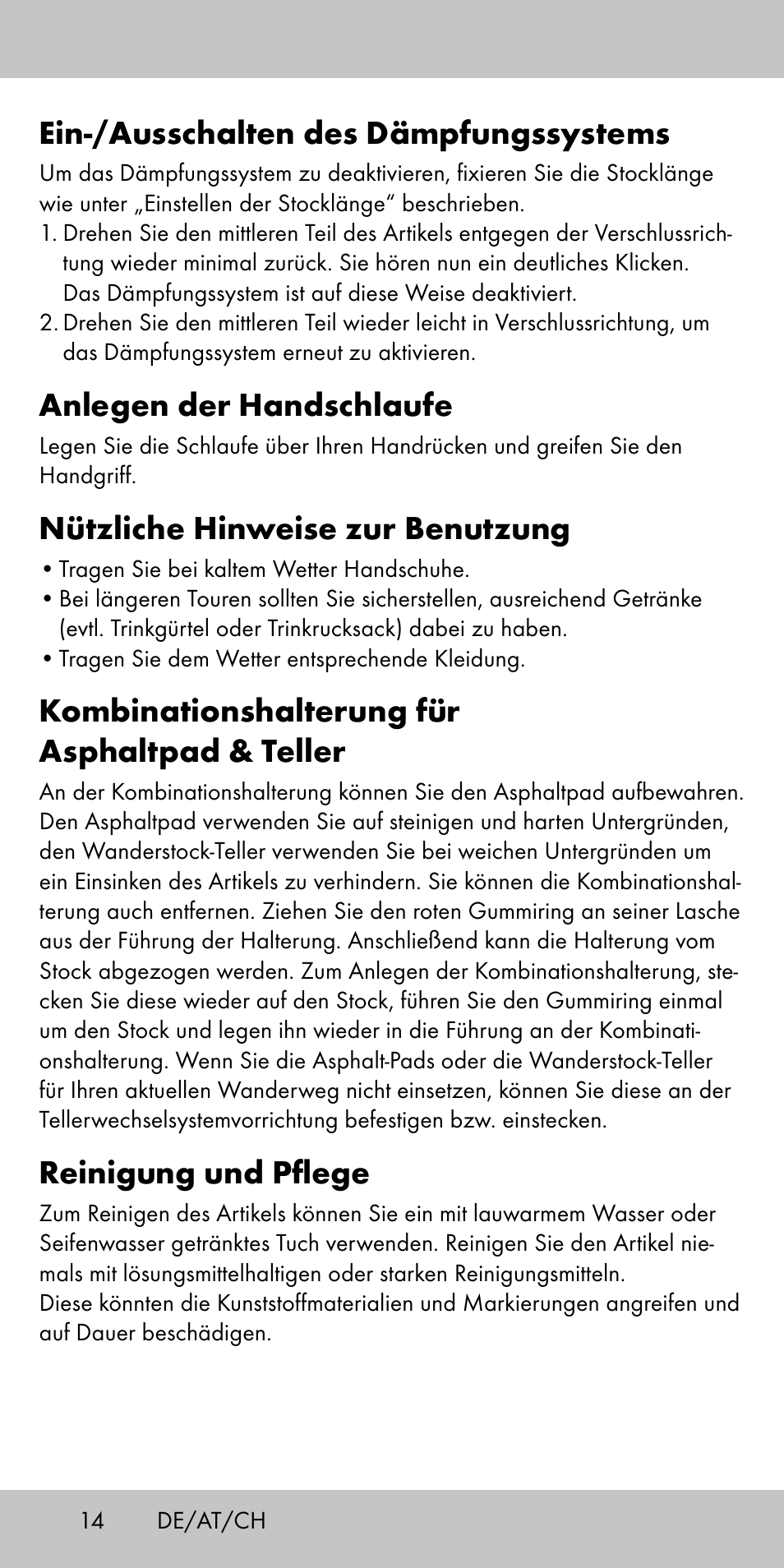 Ein-/ausschalten des dämpfungssystems, Anlegen der handschlaufe, Nützliche hinweise zur benutzung | Kombinationshalterung für asphaltpad & teller, Reinigung und pflege | Crivit TS-1808 User Manual | Page 14 / 16
