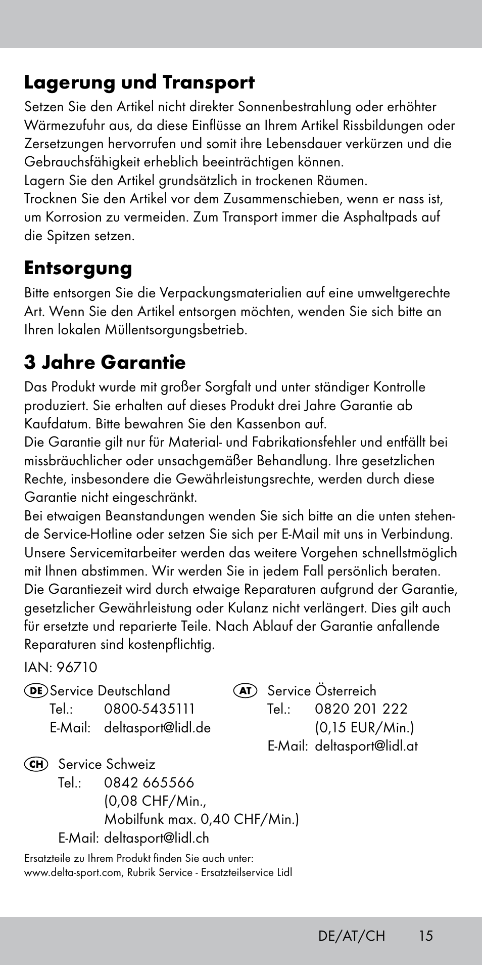 Lagerung und transport, Entsorgung, 3 jahre garantie | Crivit TS-1808 User Manual | Page 15 / 16