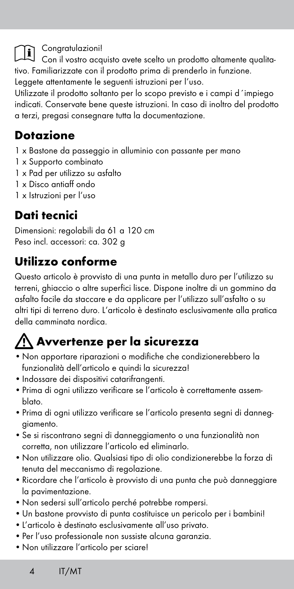 Dotazione, Dati tecnici, Utilizzo conforme | Avvertenze per la sicurezza | Crivit TS-1808 User Manual | Page 4 / 16