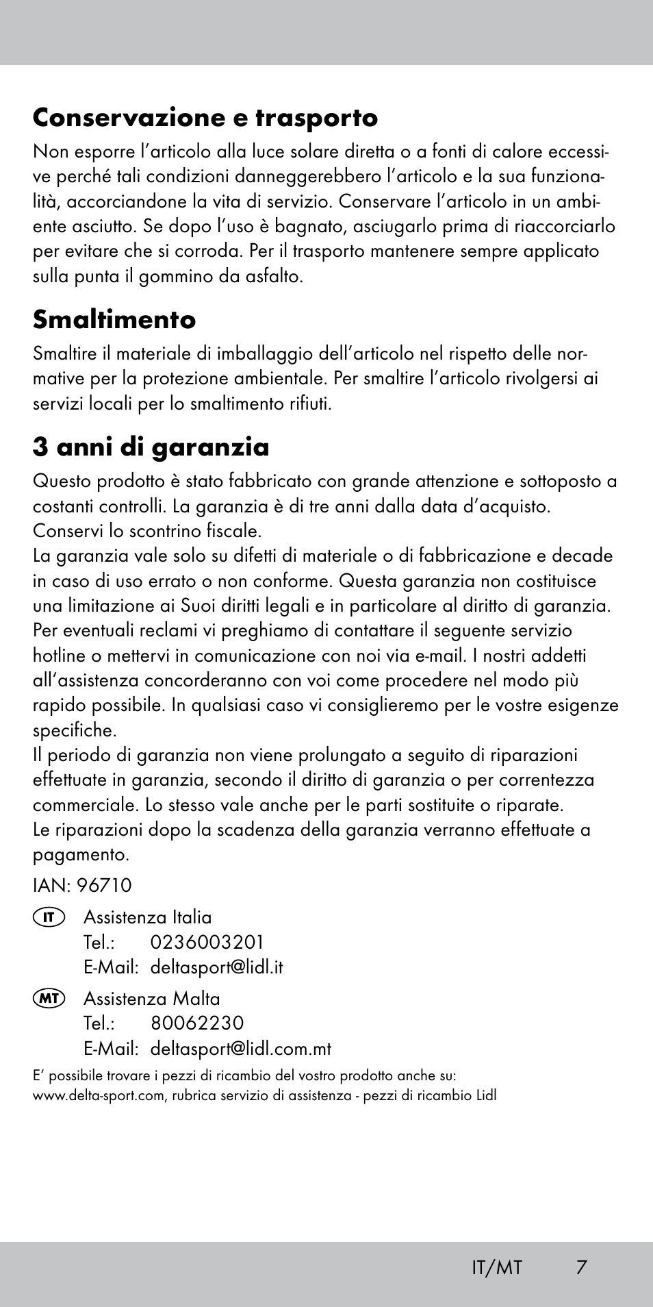 Conservazione e trasporto, Smaltimento, 3 anni di garanzia | Crivit TS-1808 User Manual | Page 7 / 16