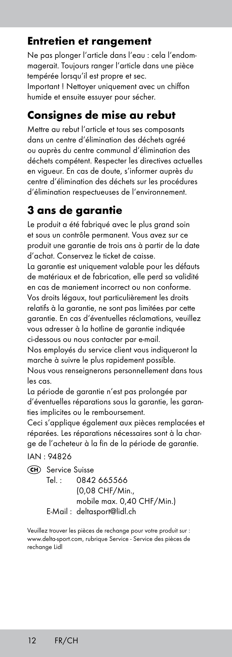 Entretien et rangement, Consignes de mise au rebut, 3 ans de garantie | Crivit MP-1781 User Manual | Page 12 / 24