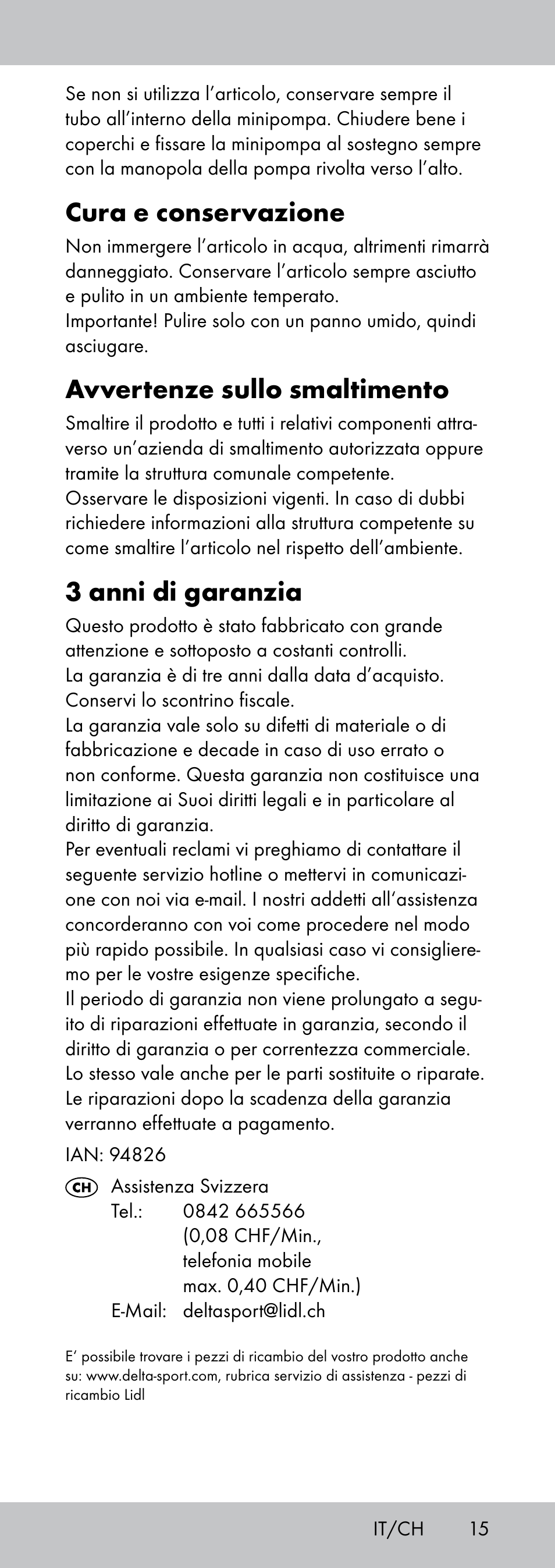 Cura e conservazione, Avvertenze sullo smaltimento, 3 anni di garanzia | Crivit MP-1781 User Manual | Page 15 / 24