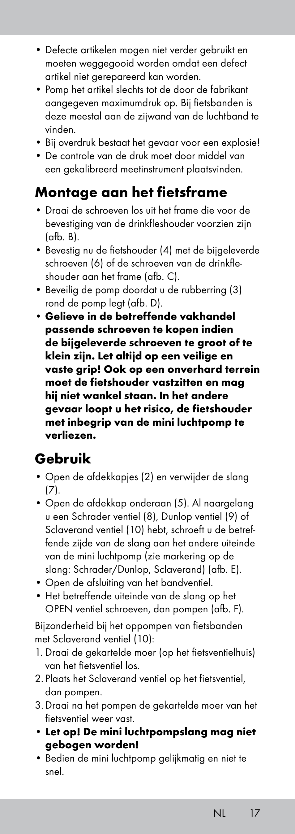 Montage aan het fietsframe, Gebruik | Crivit MP-1781 User Manual | Page 17 / 24