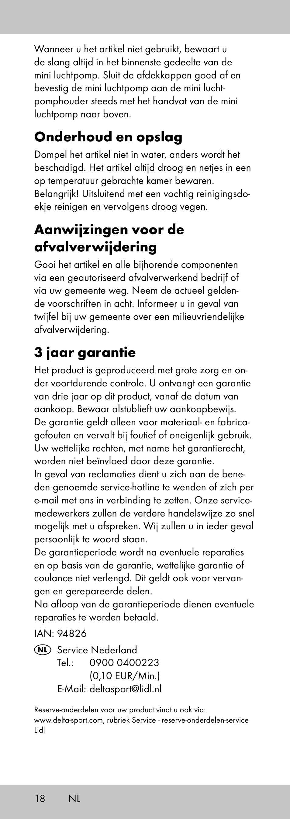Onderhoud en opslag, Aanwijzingen voor de afvalverwijdering, 3 jaar garantie | Crivit MP-1781 User Manual | Page 18 / 24
