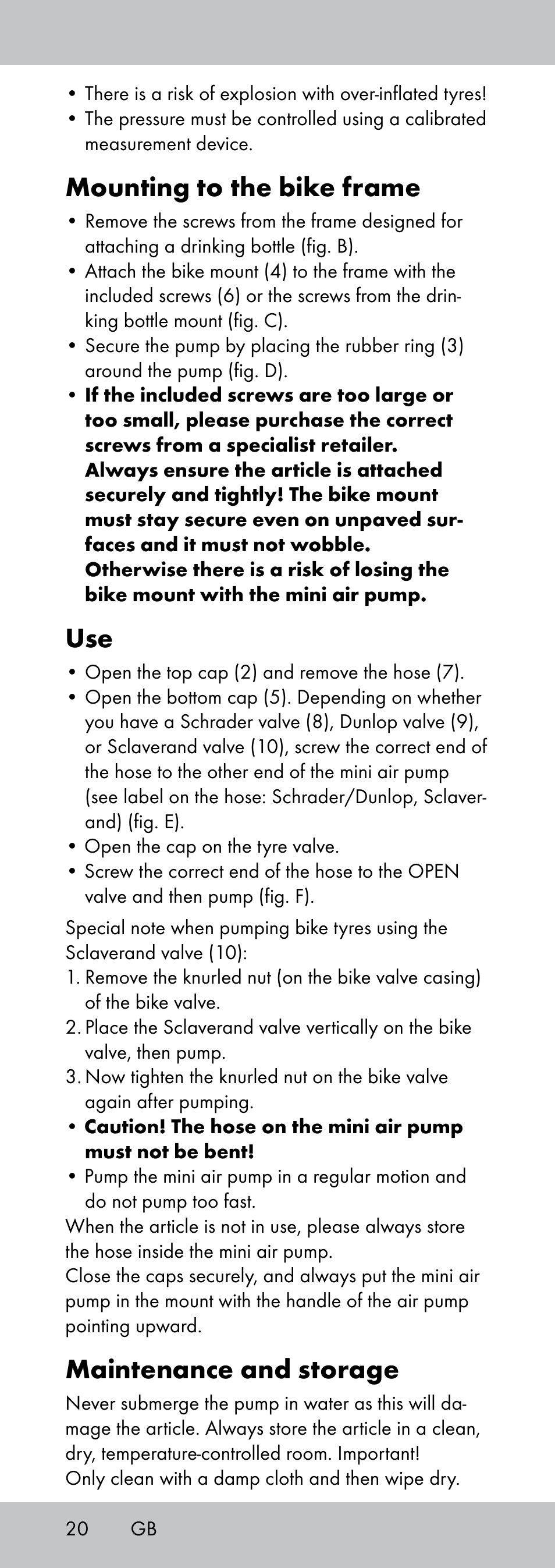Mounting to the bike frame, Maintenance and storage | Crivit MP-1781 User Manual | Page 20 / 24