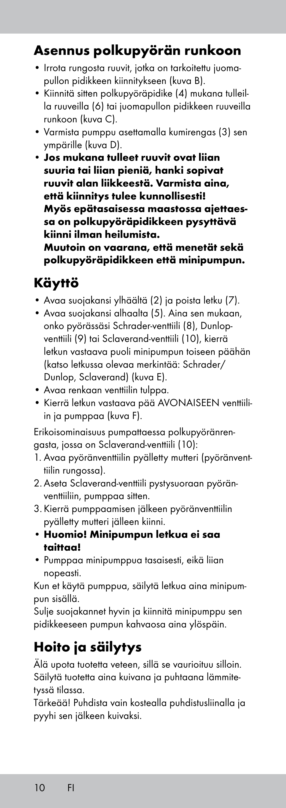 Asennus polkupyörän runkoon, Käyttö, Hoito ja säilytys | Crivit MP-1781 User Manual | Page 10 / 28